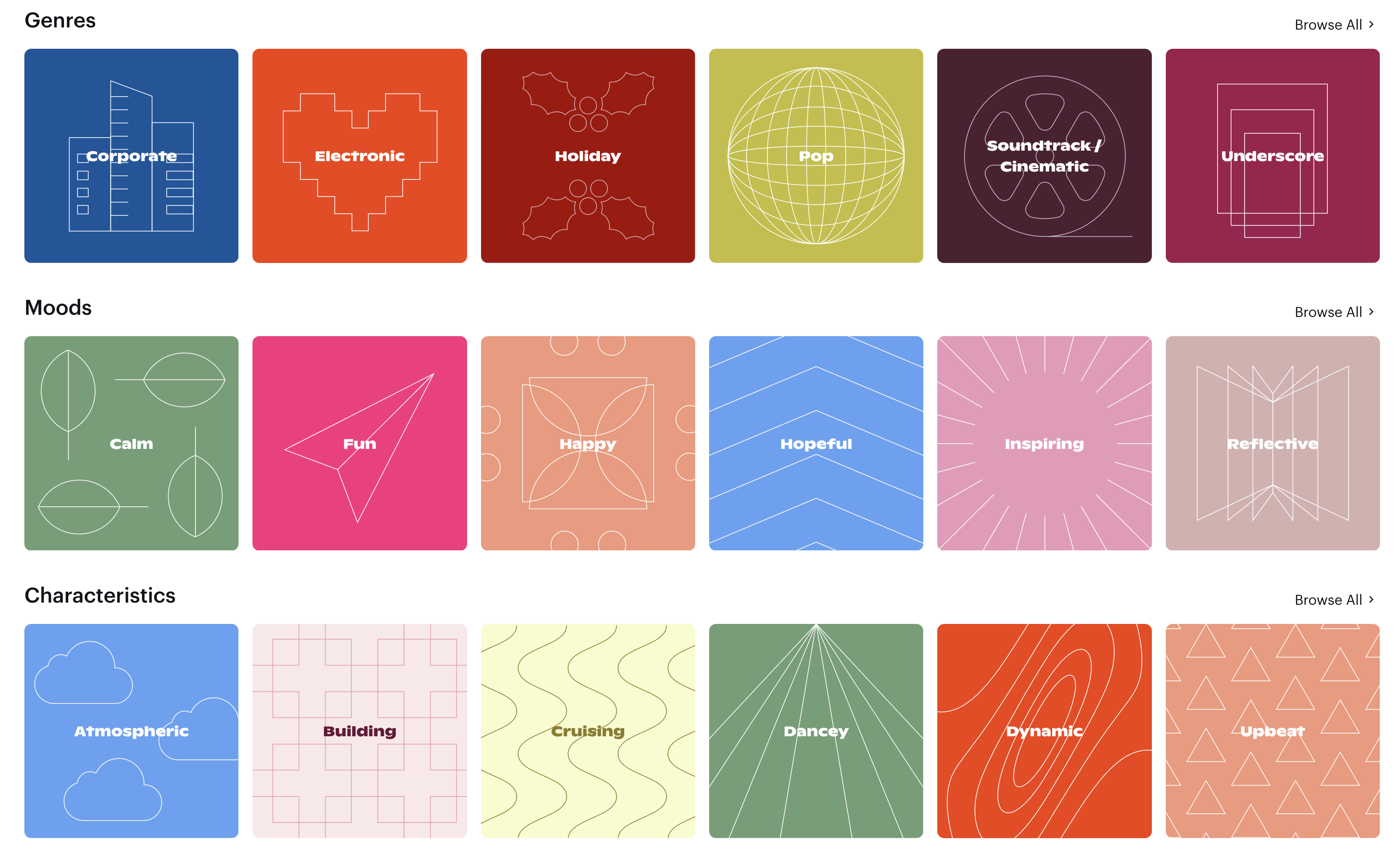 A screenshot shows Soundstripe’s production music catalog organized by genres, moods and characteristics.